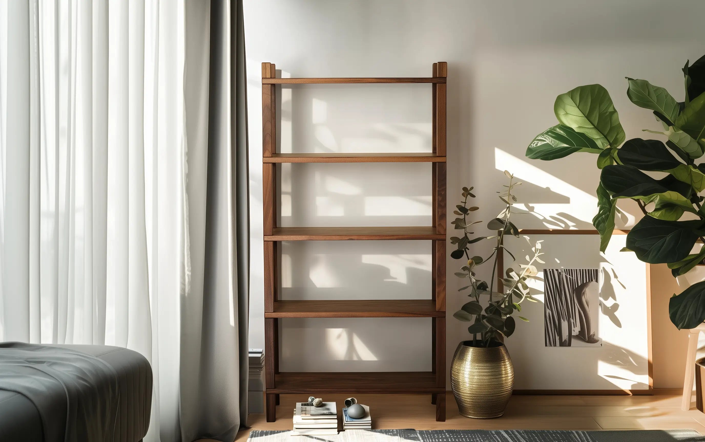 Walnut wood bookshelf with adjustable shelves