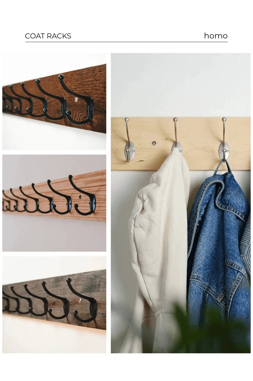 Collage of handcrafted solid oak and acacia wall-mounted coat racks with multiple hooks, designed for entryways and mudrooms