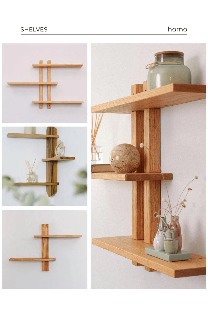 Collage of handcrafted oak and walnut wall shelves, including floating, modular, and corner-mounted designs for modern home decor