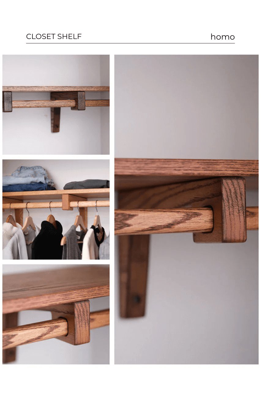 Collage of handcrafted solid wood closet shelves in oak and walnut finishes, showcasing modern floating designs for storage and organization