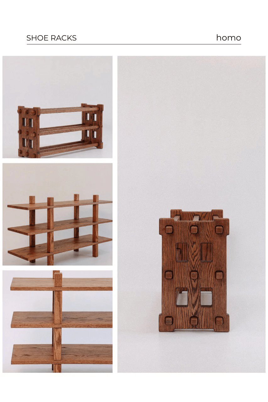 Collage of handcrafted multi-tier oak and walnut wooden shoe racks with 2–5 tier options for entryway and closet storage.
