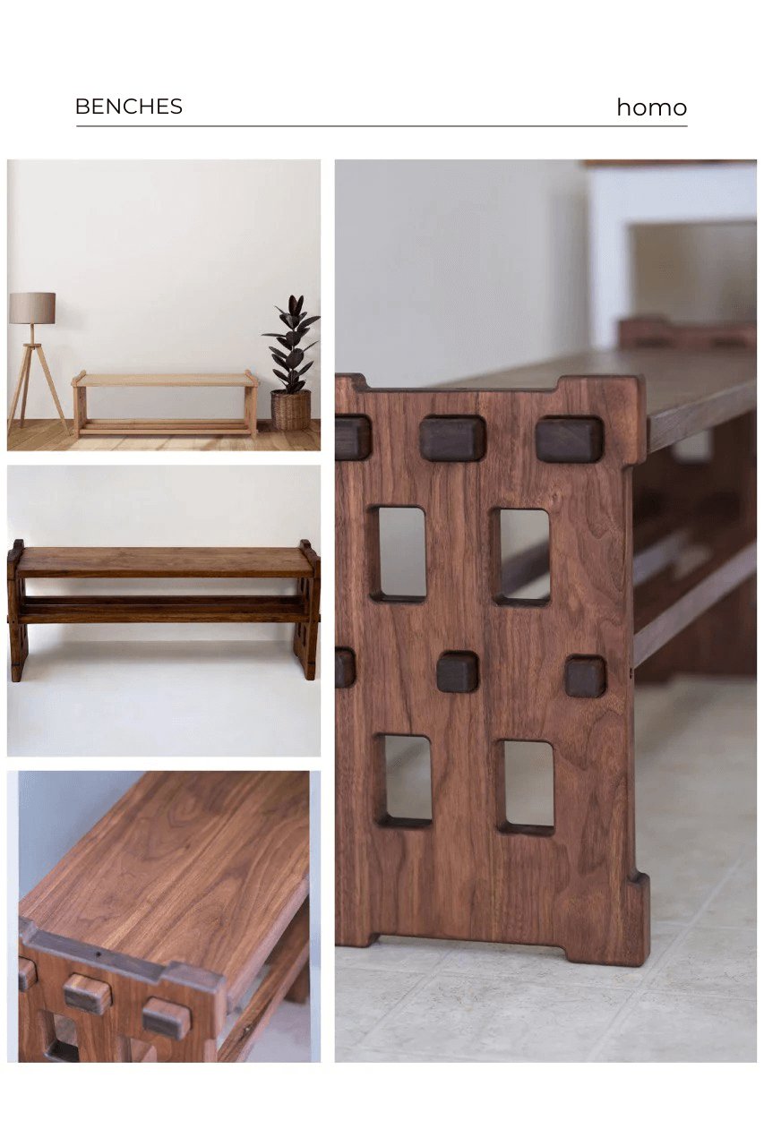 Collage of handcrafted oak and walnut entryway benches with built-in storage shelves, designed for hallways, mudrooms, and foyers.