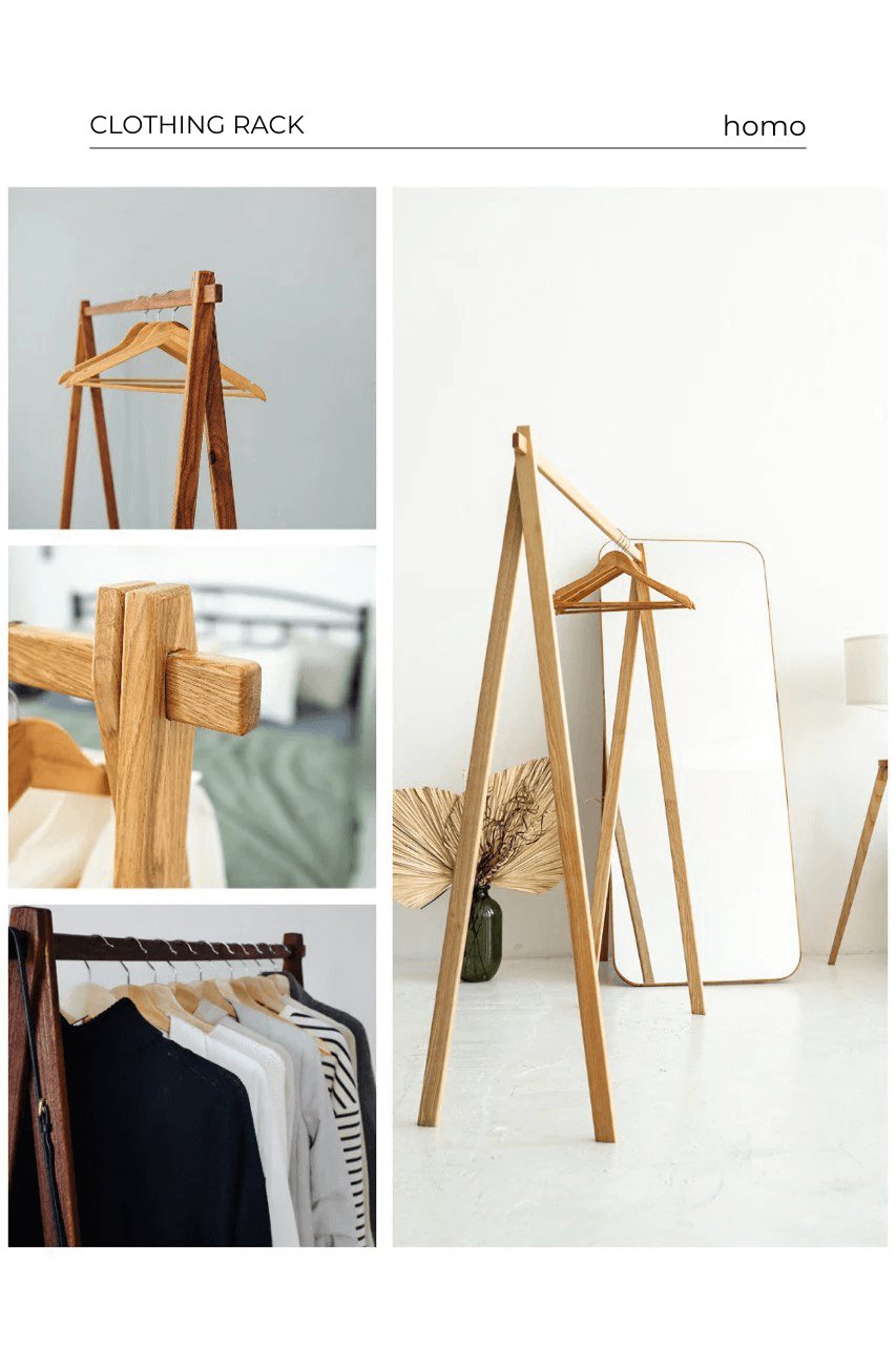 Collage of handcrafted oak and ash wooden clothing racks, minimalist garment stands for bedrooms, closets, and studios