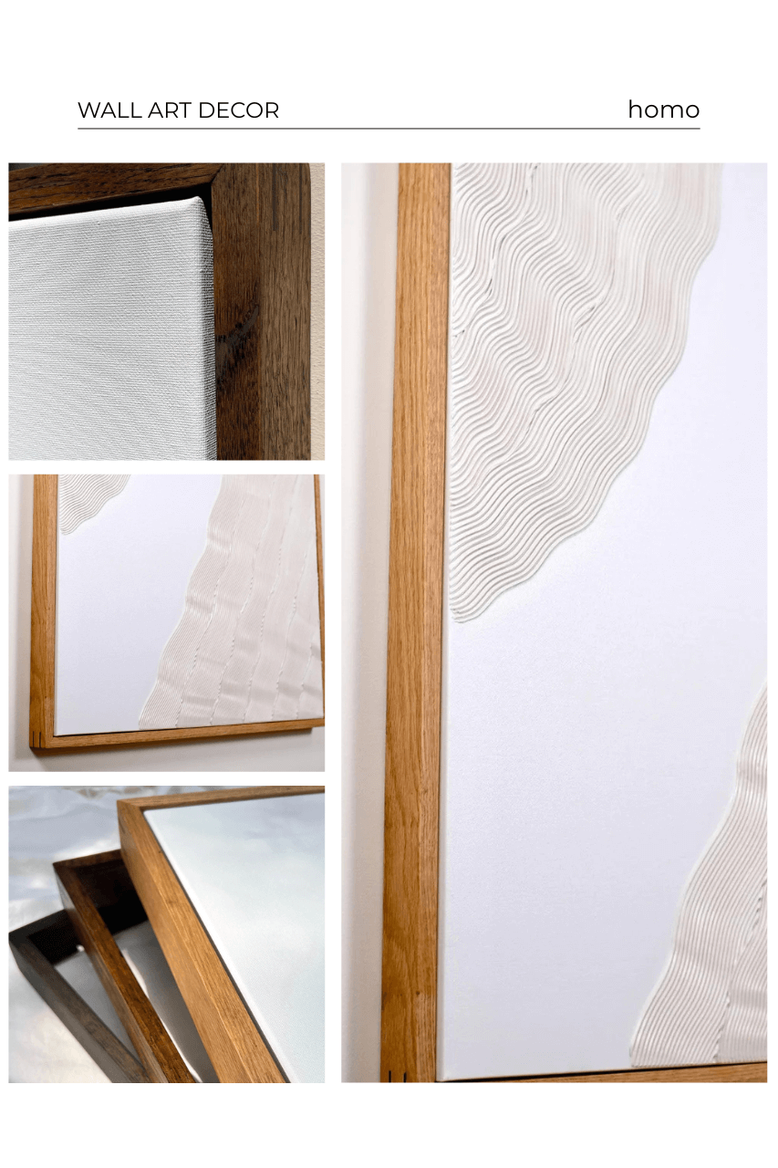 Collage of handcrafted solid wood frames for canvas and prints, featuring natural oak finish and minimalist modern design