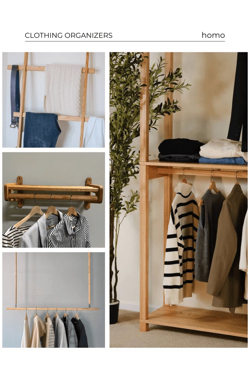 "Collage of handcrafted solid oak clothing organizers, including hanging racks, wall rails, and blanket ladders for modern interiors.