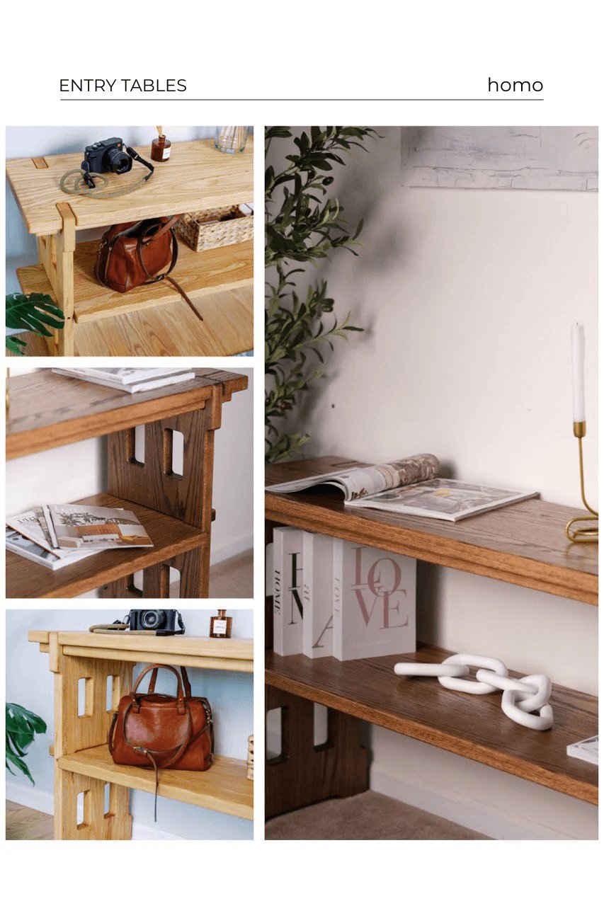 Collage of handcrafted solid oak and ash entryway console tables with minimalist design, natural finishes, and storage for hallways and foyers