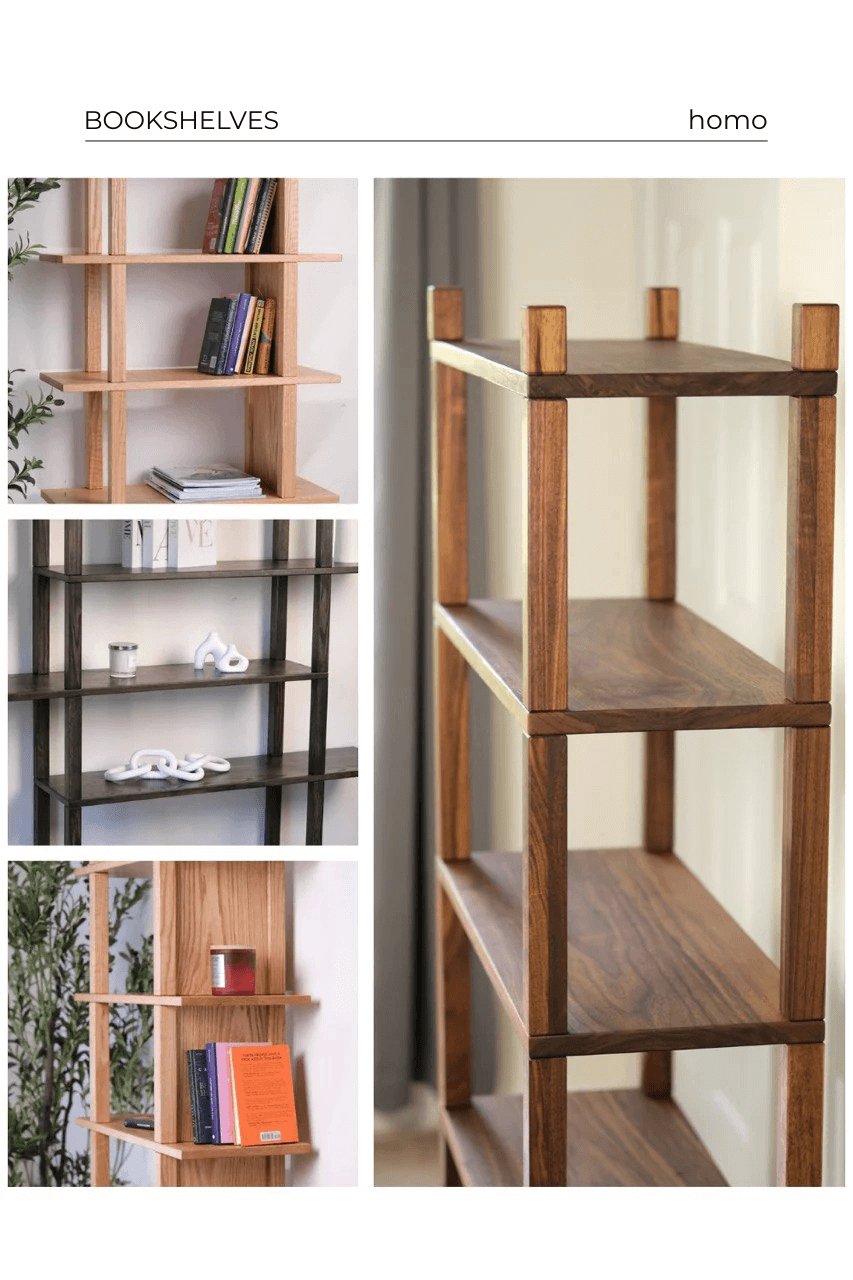 Collage of handcrafted solid oak and walnut bookshelves with minimalist, tool-free designs for modern living rooms, bedrooms, and offices