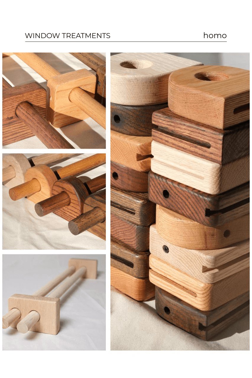 Collage of handcrafted solid oak and walnut curtain rods, brackets, and window hardware in modern and rustic finishes.