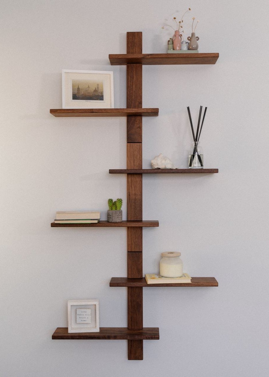 2-tiered modern wooden wall shelf with asymmetrical design, handcrafted from real wood, eco-friendly finish, used for home decor and storage – minimalist shelf mounted on white wall