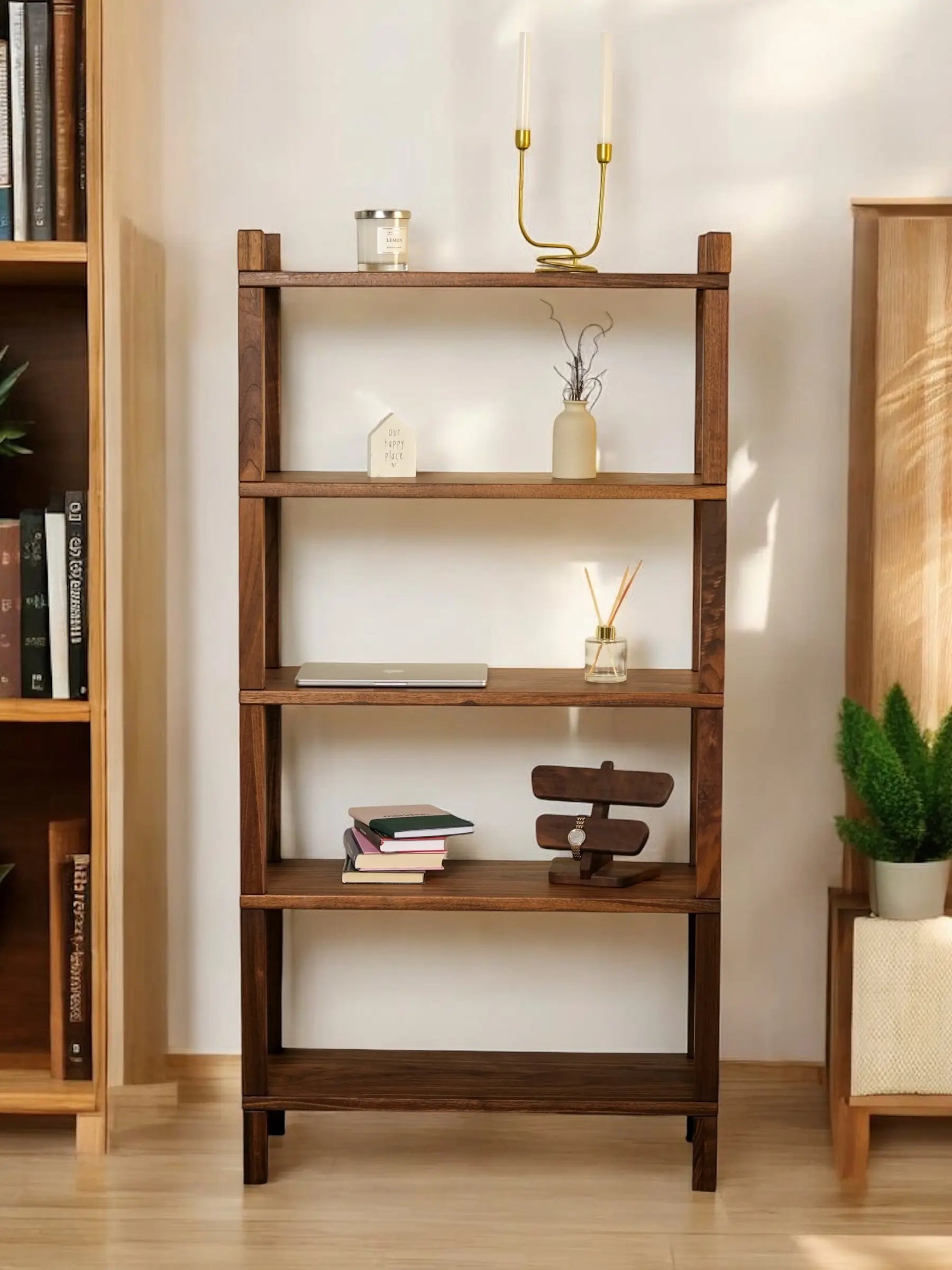 Burnt wood bookshelf with deep walnut tone – handcrafted vertical storage shelf for books and decor