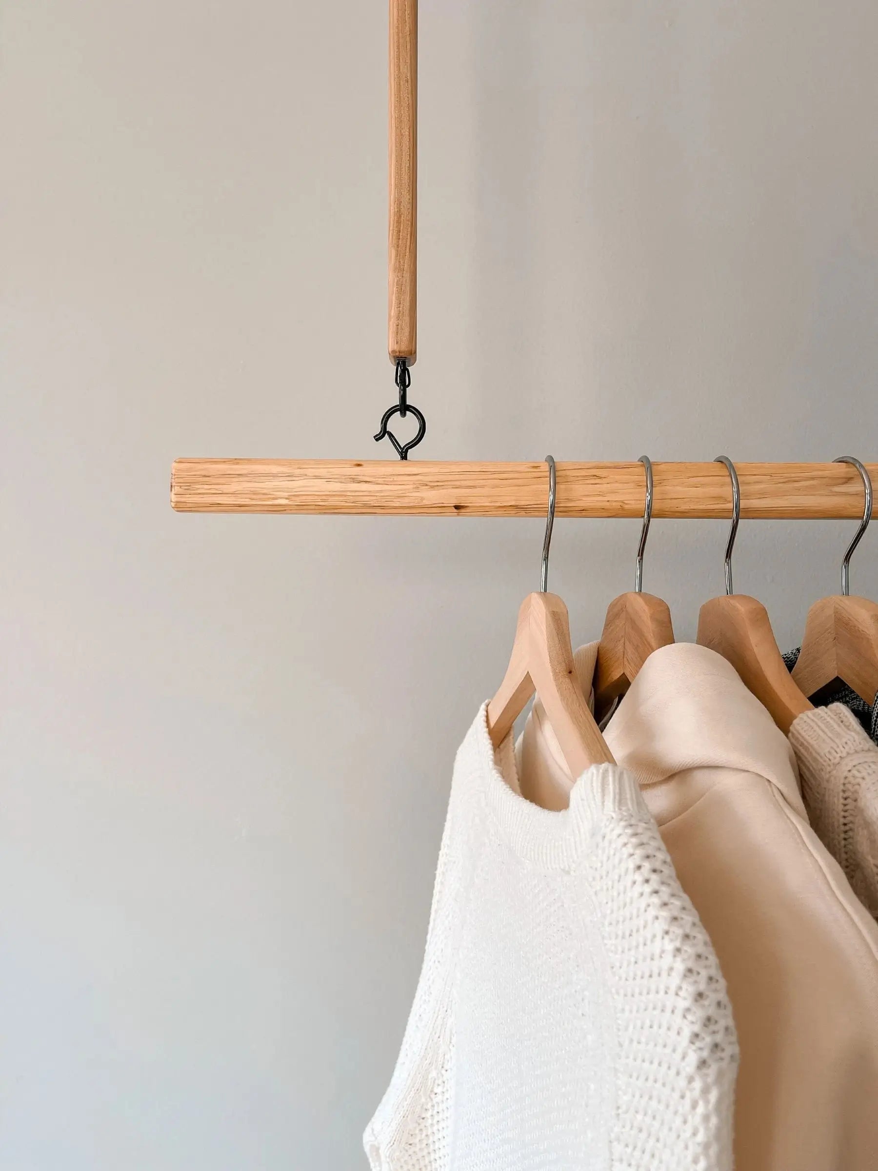 Ceiling-suspended storage rack – durable and decorative wood fixture