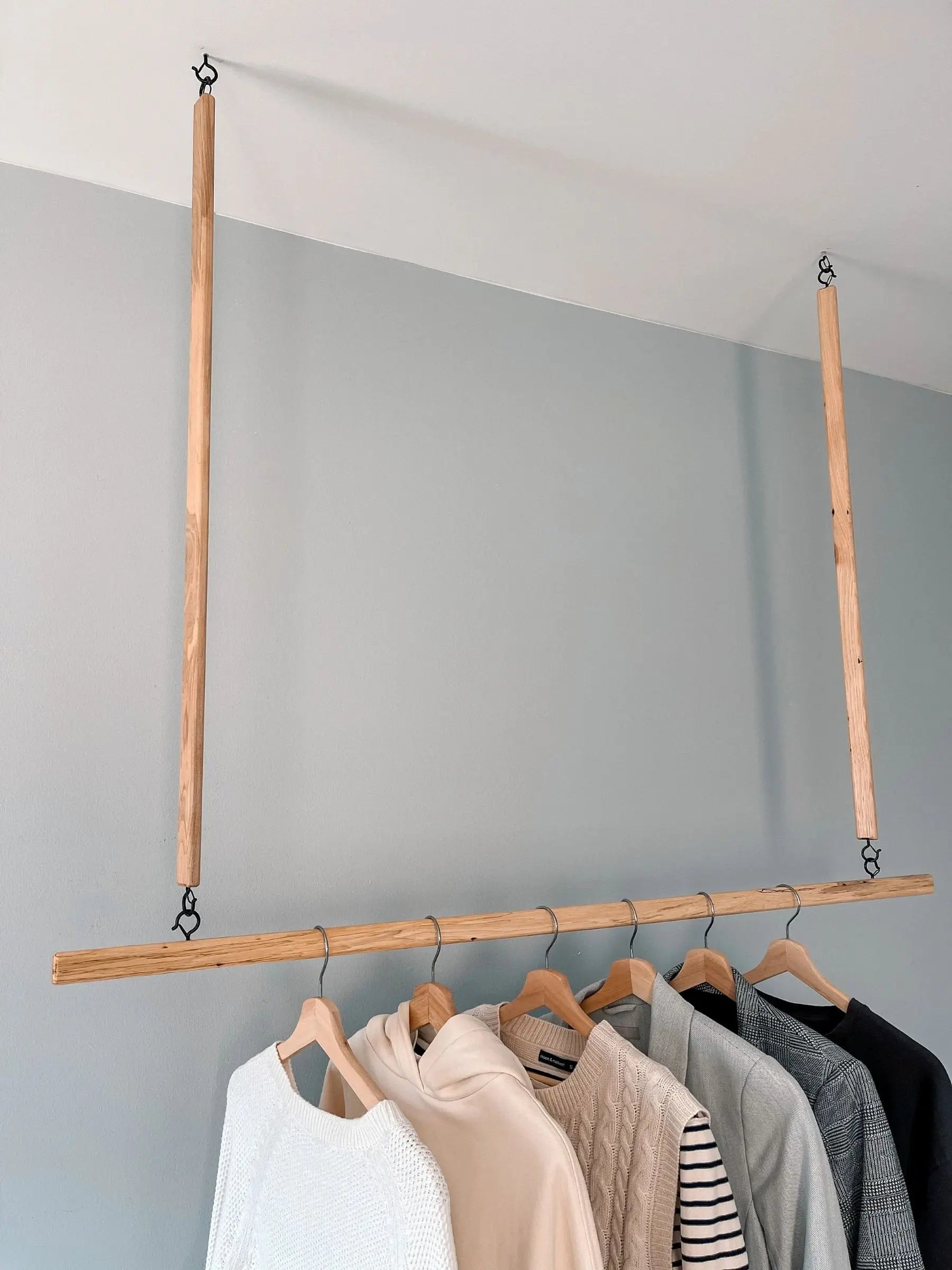 Floating wooden hanging rack – handcrafted ceiling-mounted organizer