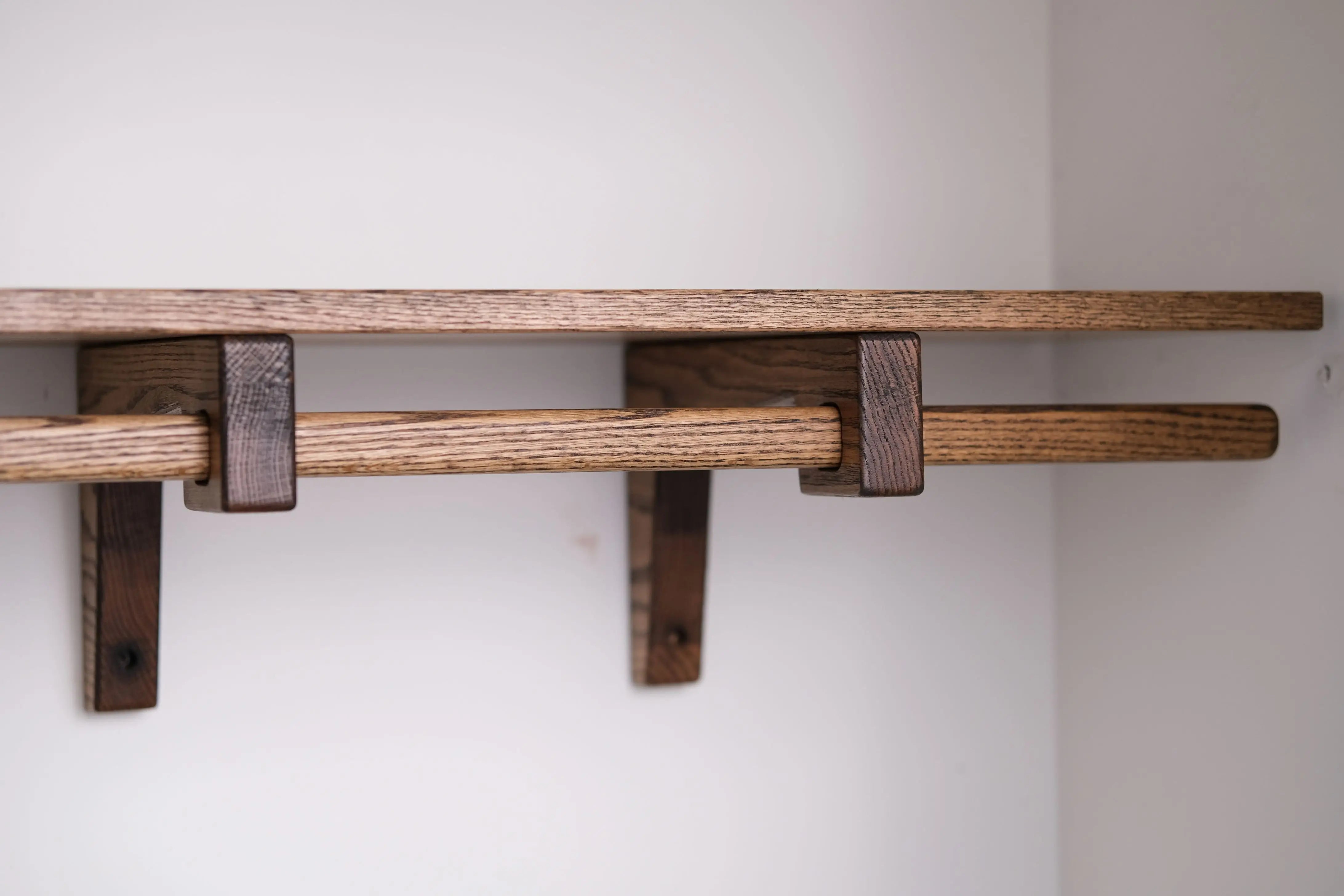 Dark brown oak wood closet shelf – handcrafted for modern wardrobe storage