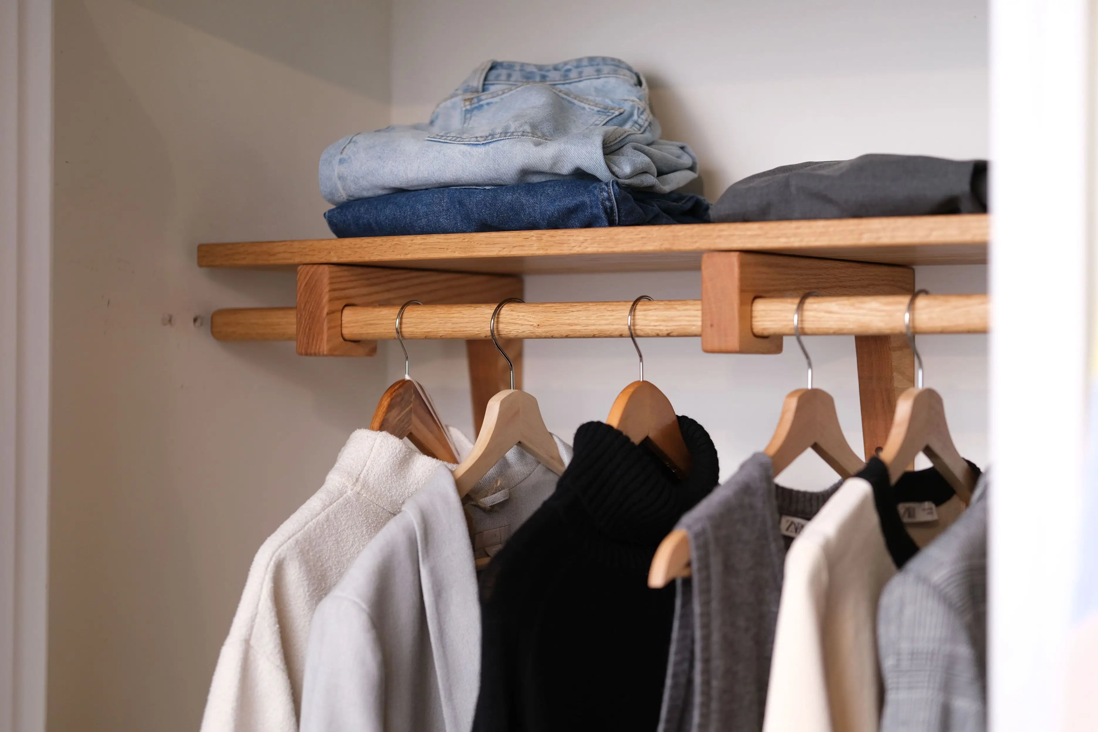 Handmade closet shelving in light oak wood – eco-friendly and stylish design