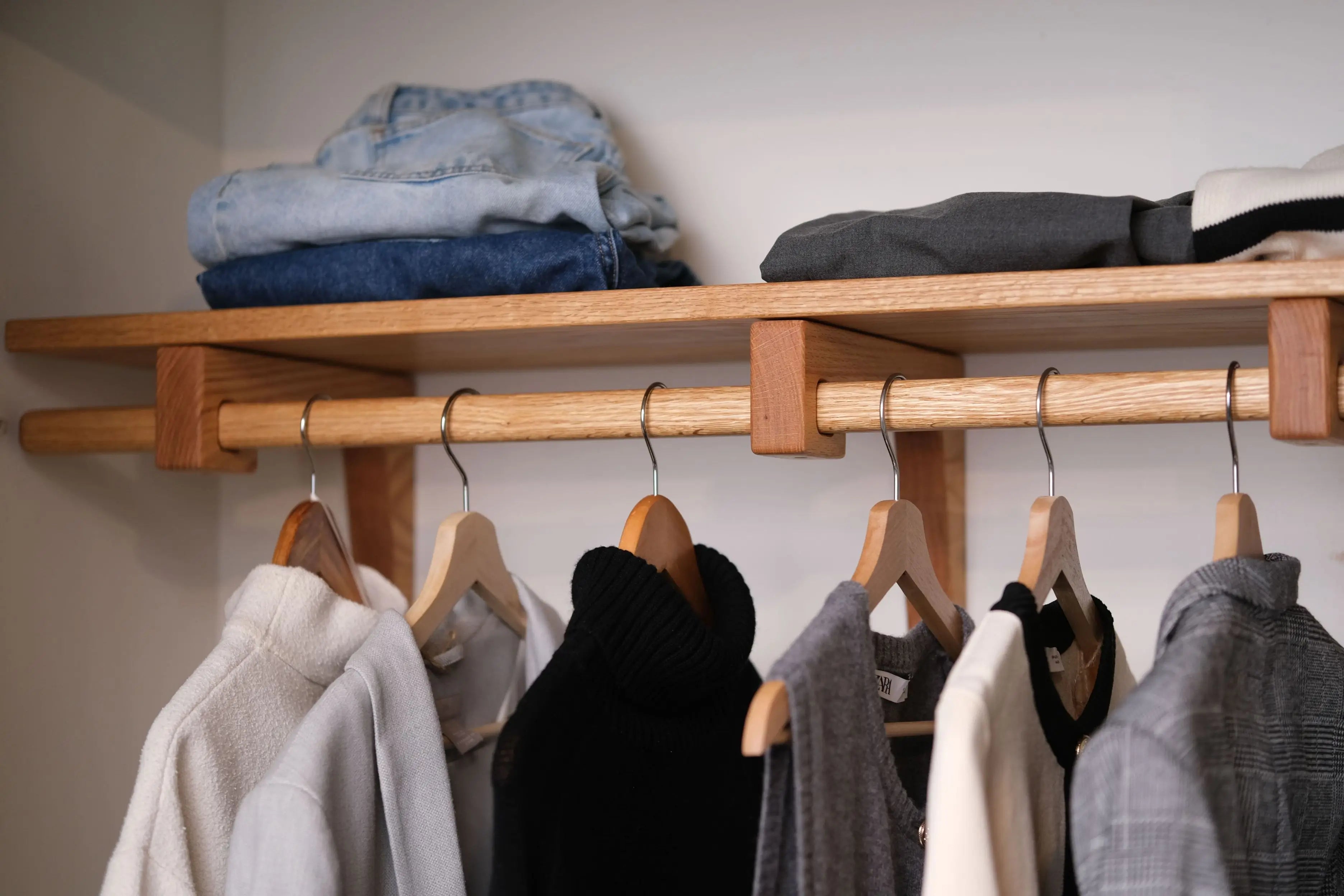Closet organizer shelf crafted from natural oak – warm tone and durable build