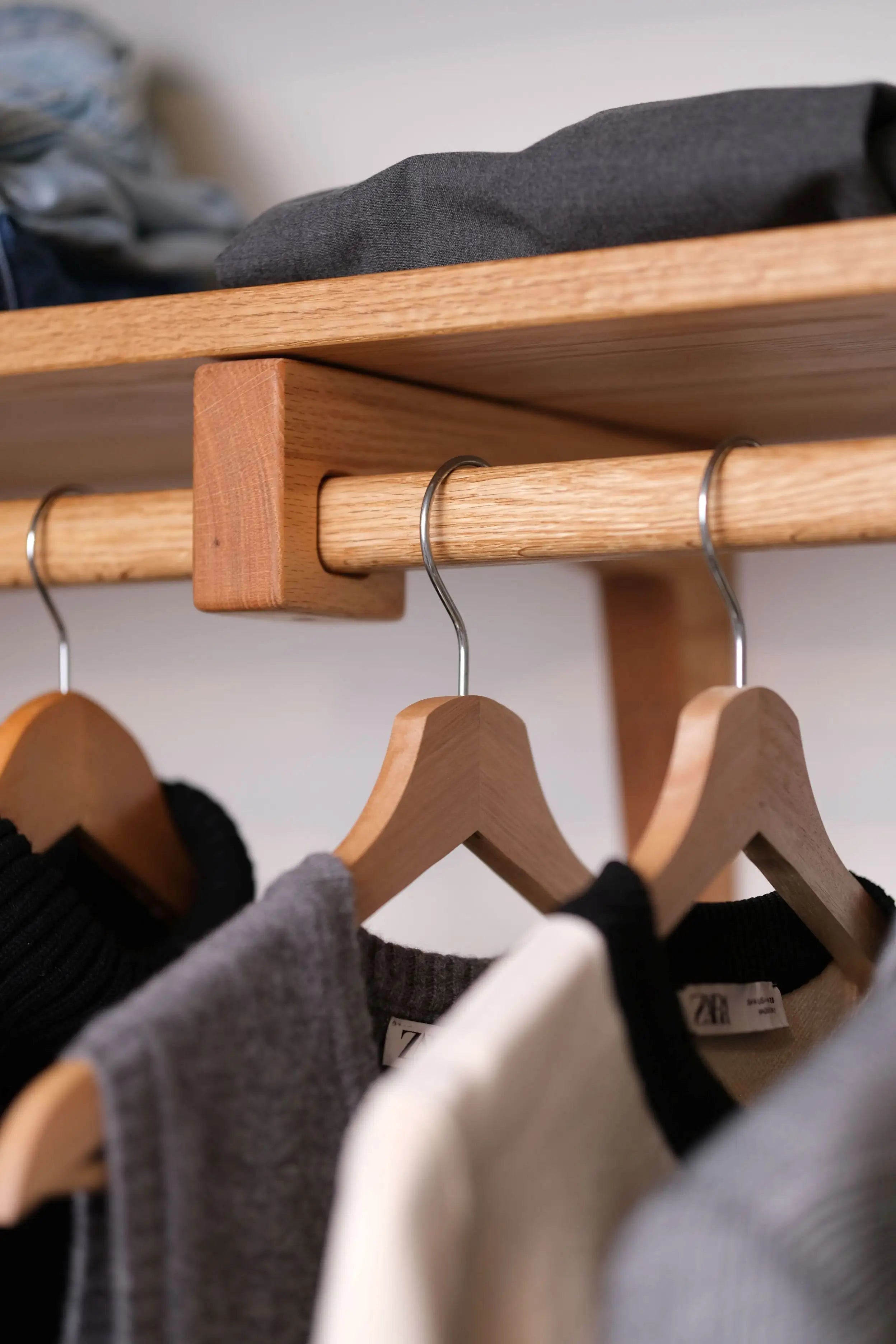 Light oak wood closet shelf – handcrafted with attention to detail and functional use