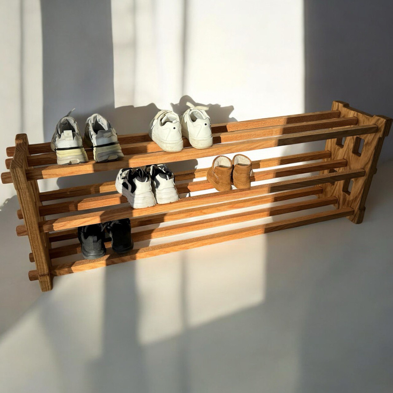 Oak wood shoe rack with natural finish – handcrafted two-tier storage shelf for organizing shoes in entryway or closet