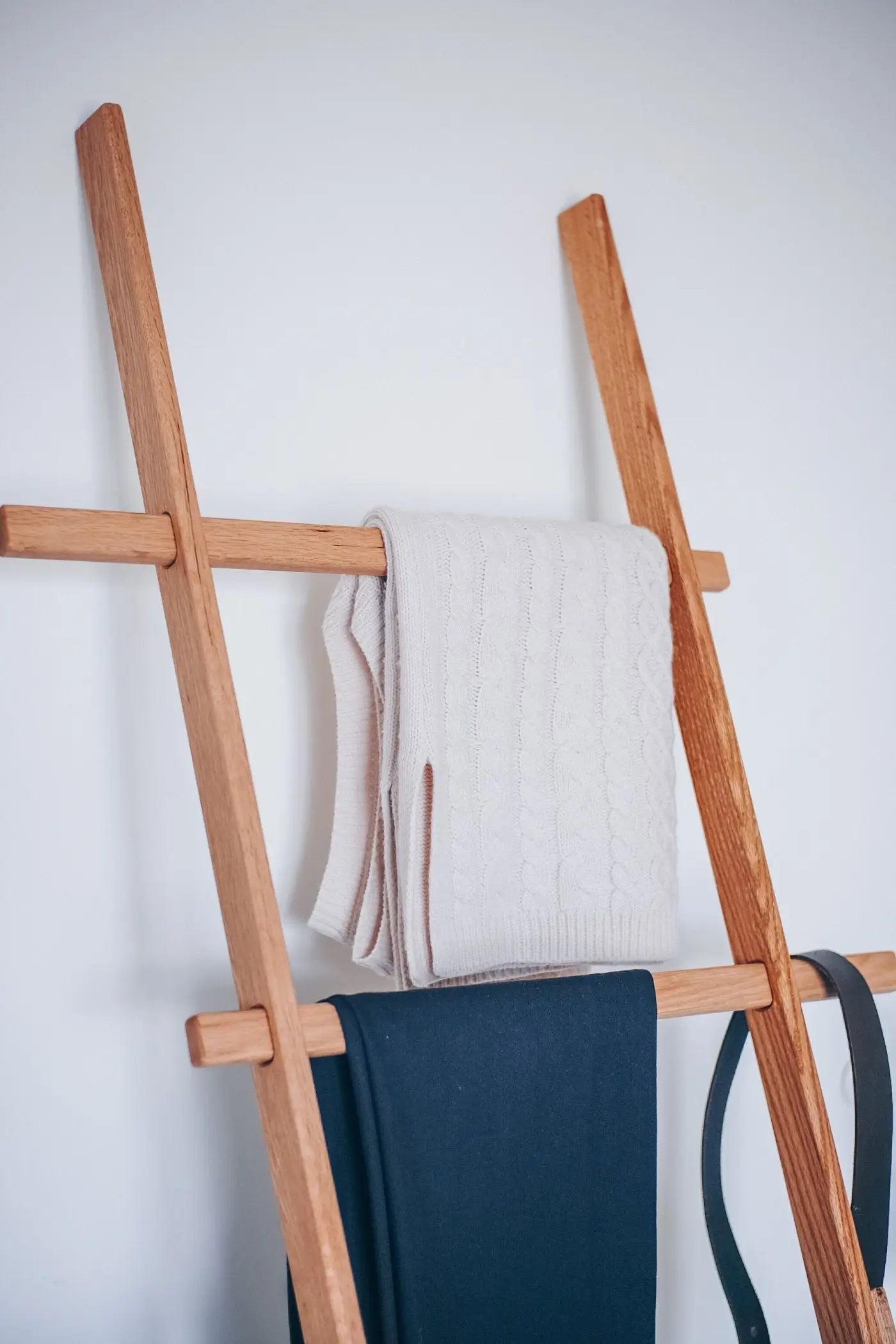 Solid oak blanket ladder – handcrafted wooden clothes rack for stylish storage