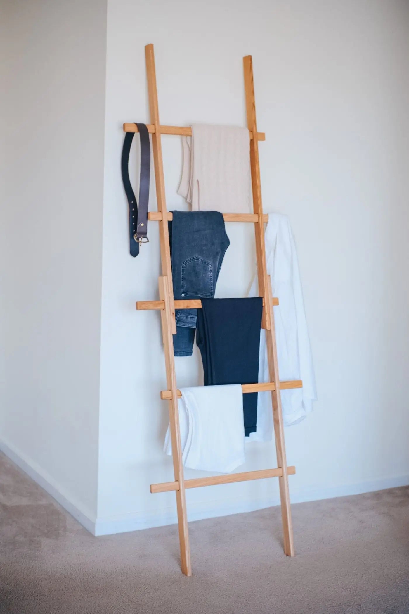 Rustic solid oak ladder – elegant solution for blanket or garment hanging
