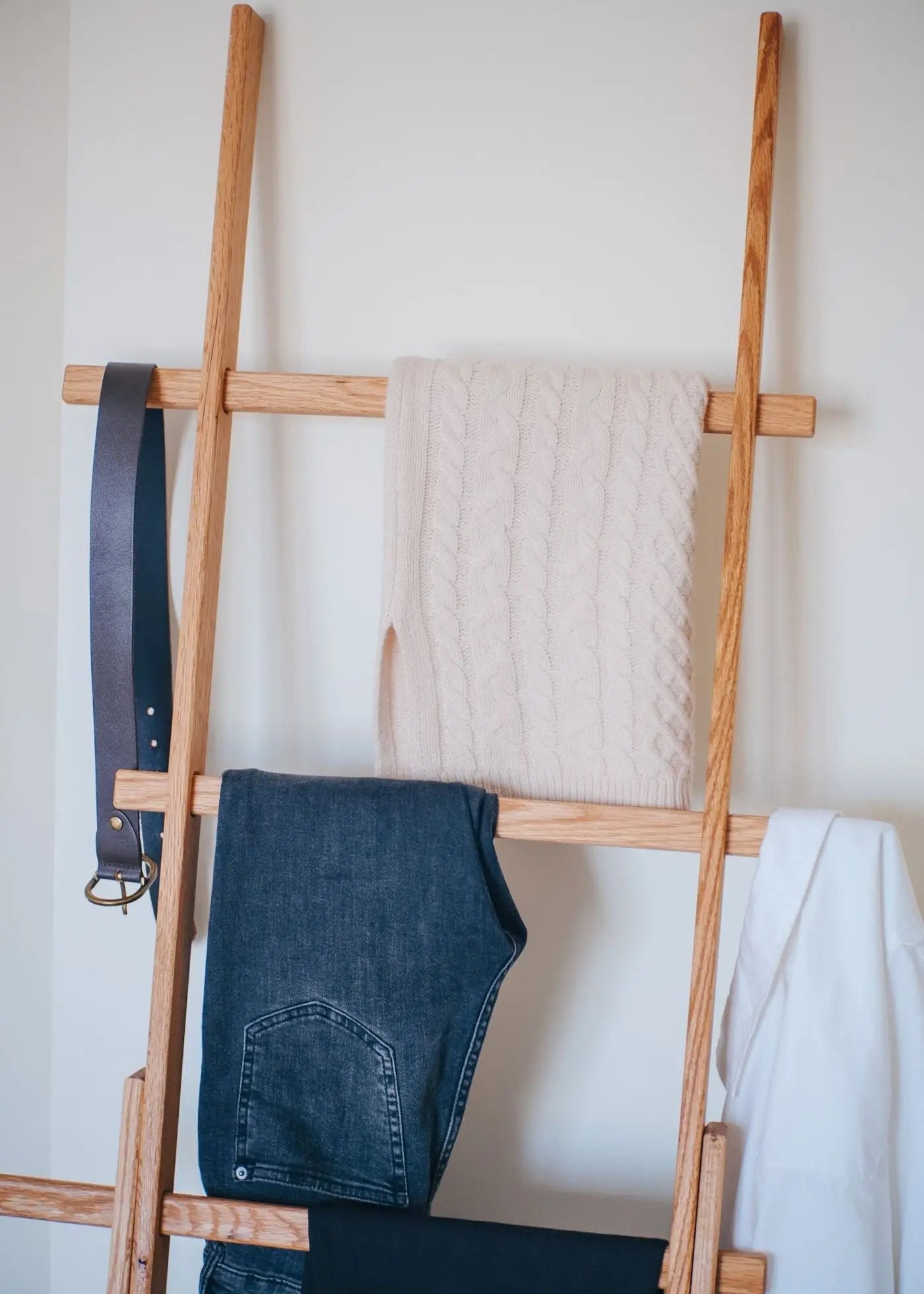 Modern wooden ladder rack – sustainable oak design for storage and display