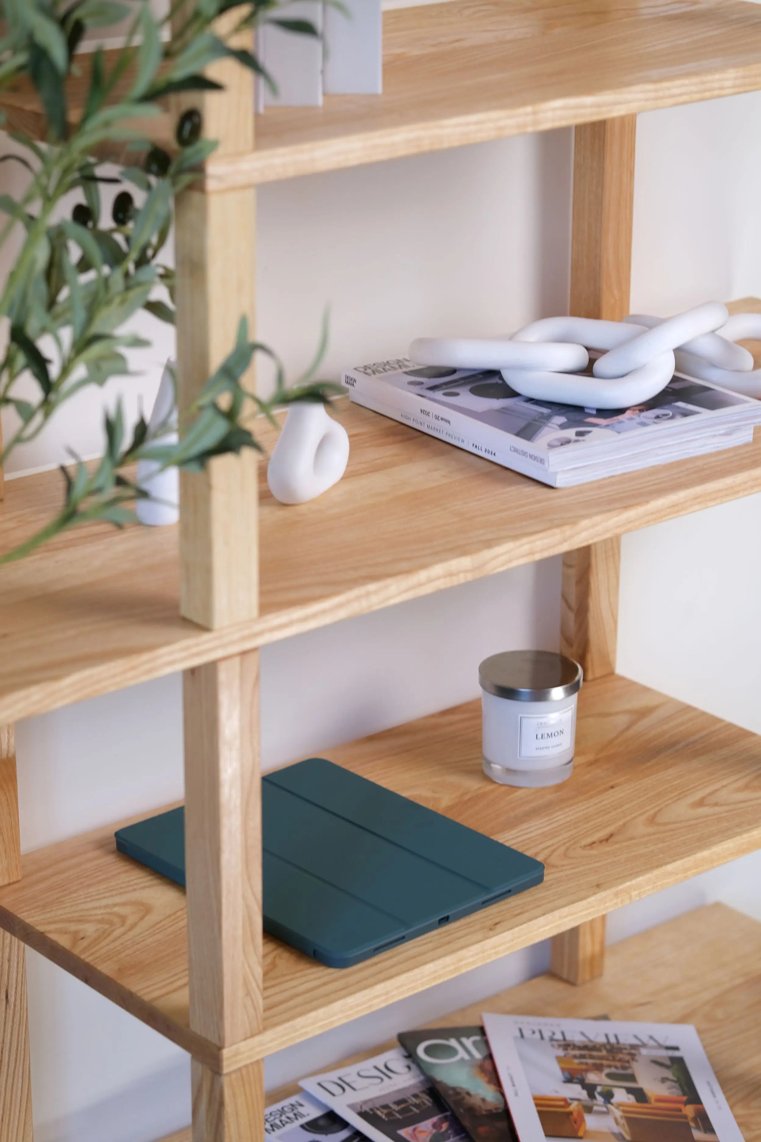 Modern Sunli bookcase – solid wood shelving unit for books, plants, and decor