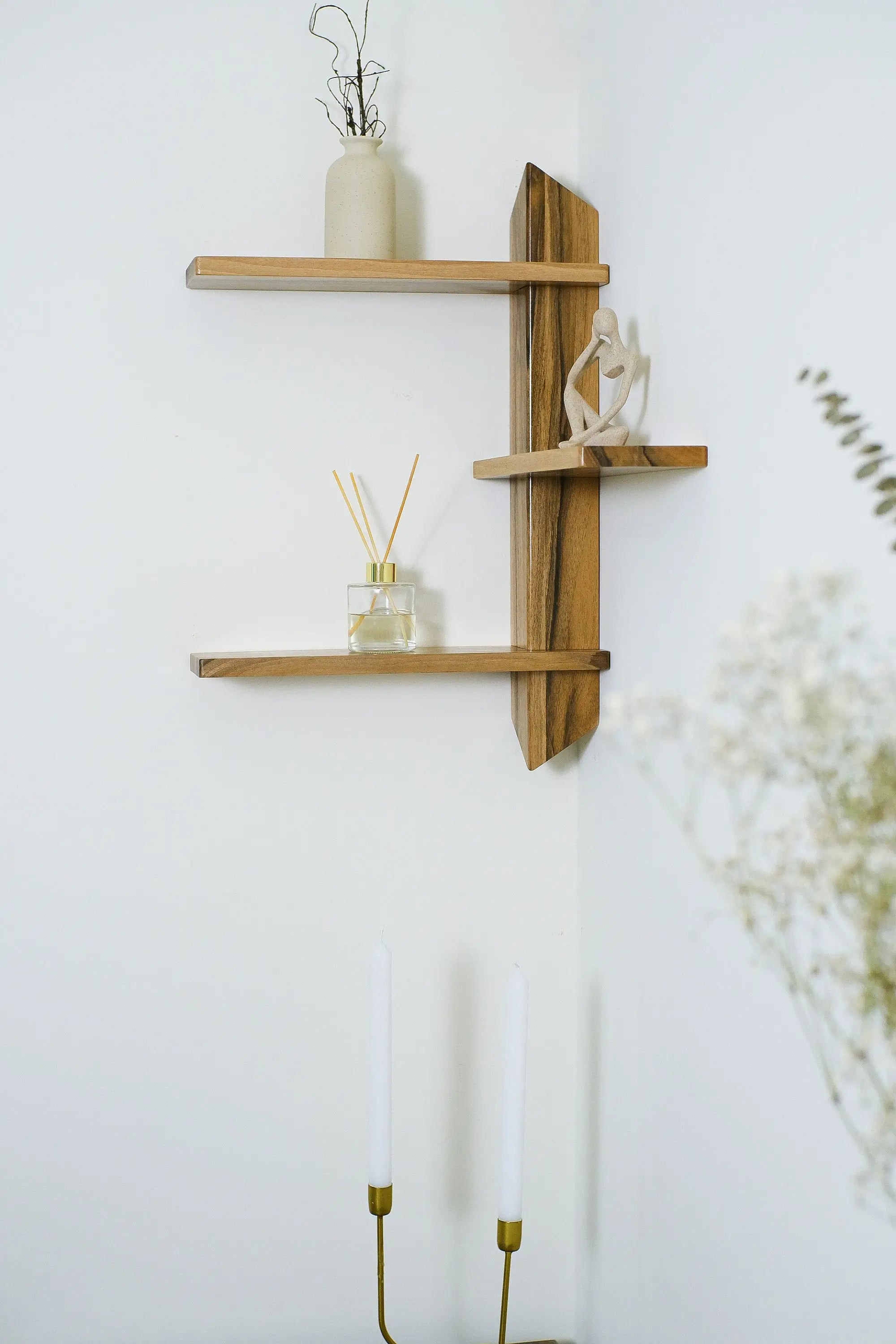 Floating corner shelf with natural wood finish – functional and stylish home accent