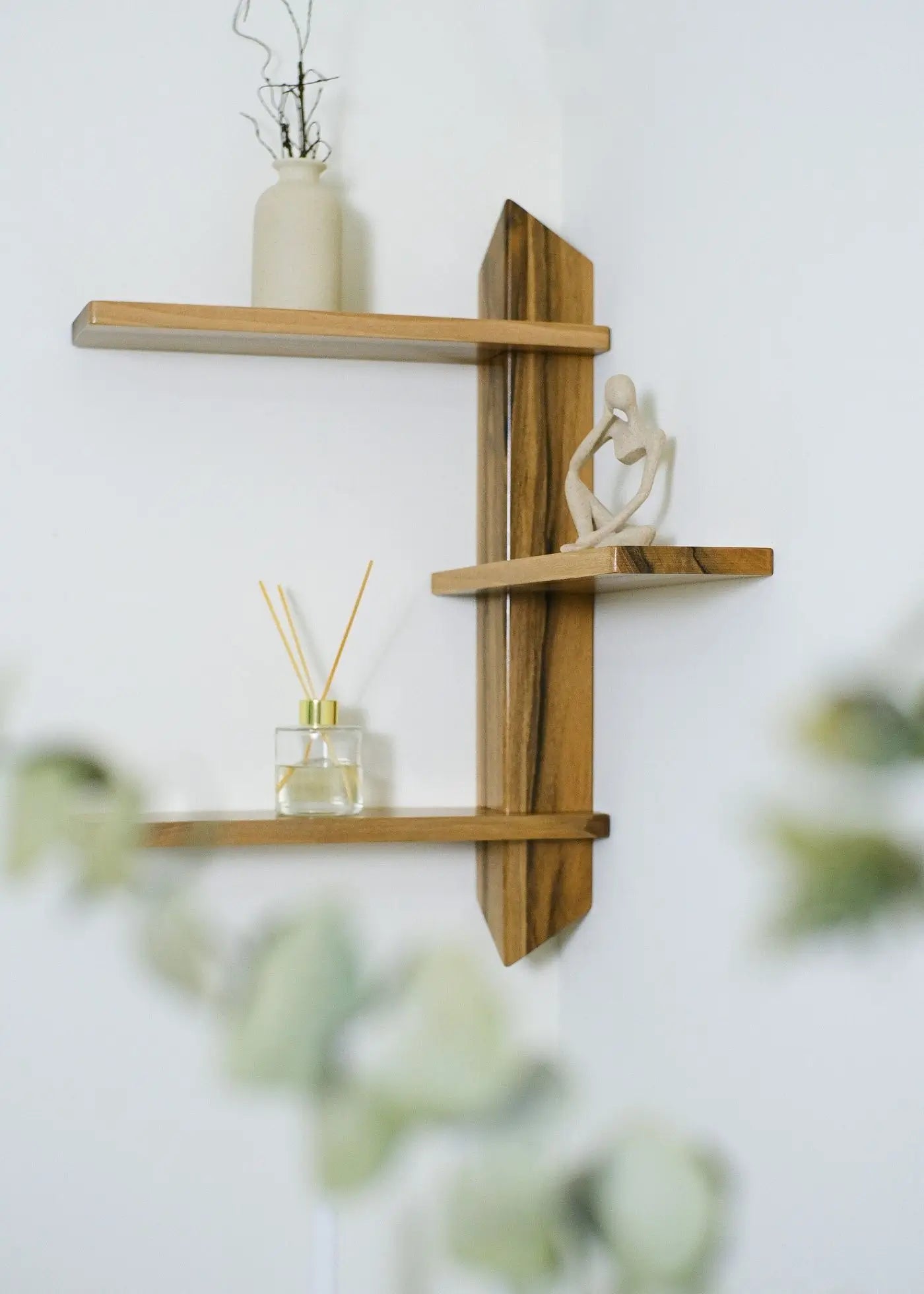 Handcrafted wooden corner shelf – minimalist floating design for small space storage
