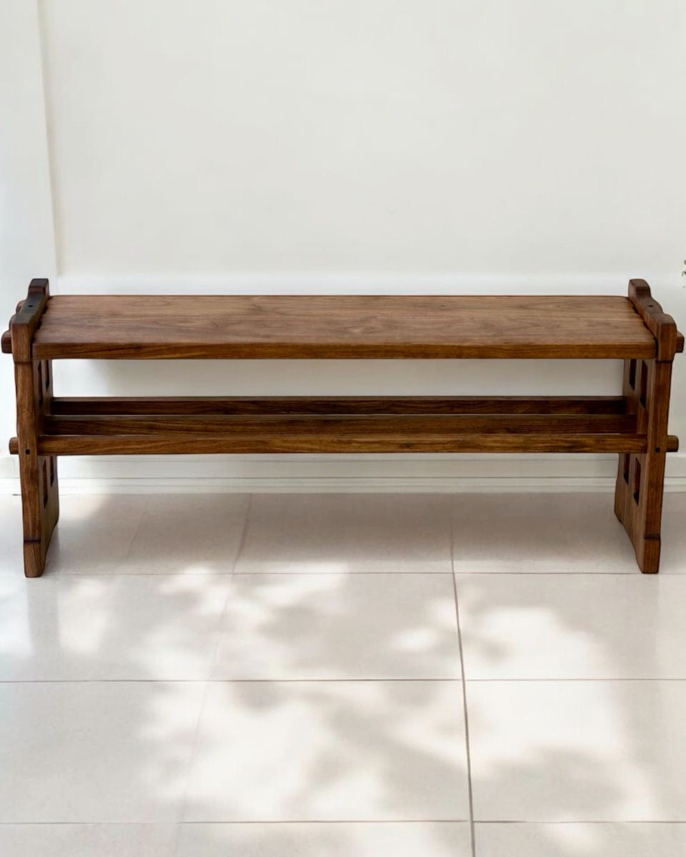 Handcrafted walnut wood bench with natural finish for entryway or living room