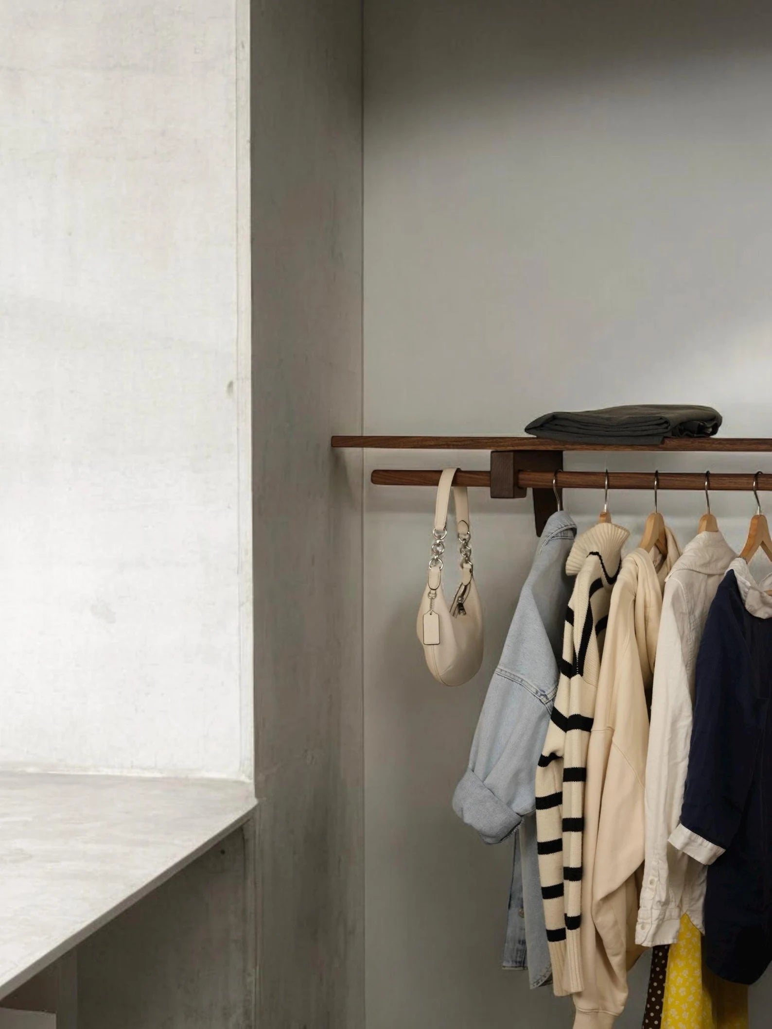 Walnut wood closet shelf – handcrafted with rich dark finish for modern wardrobe organization