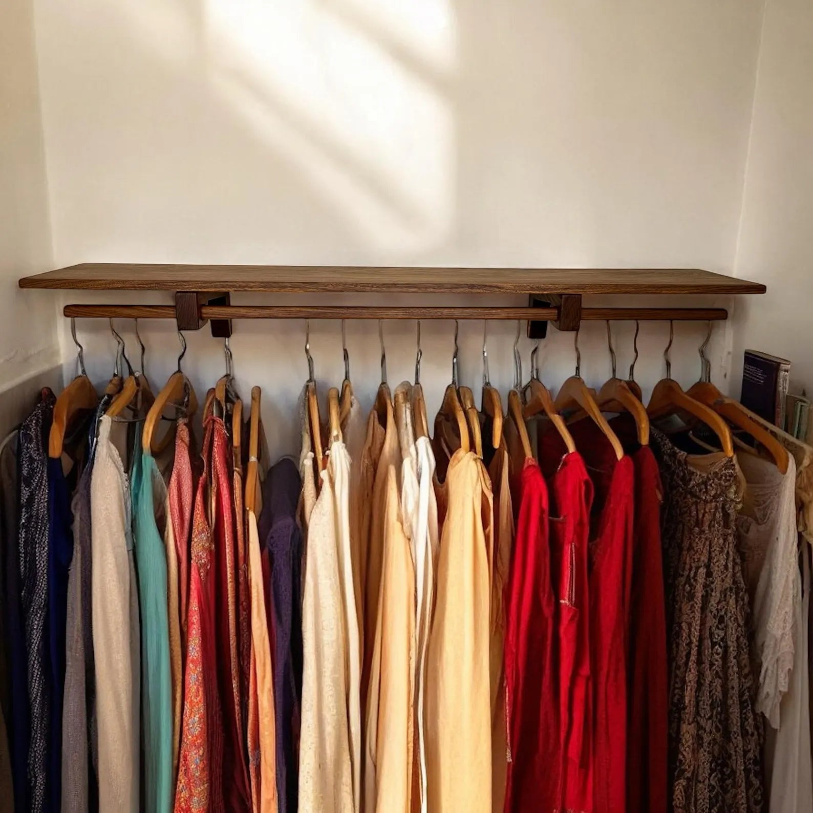 Handmade walnut closet shelf – smooth surface and deep natural tone for upscale interiors