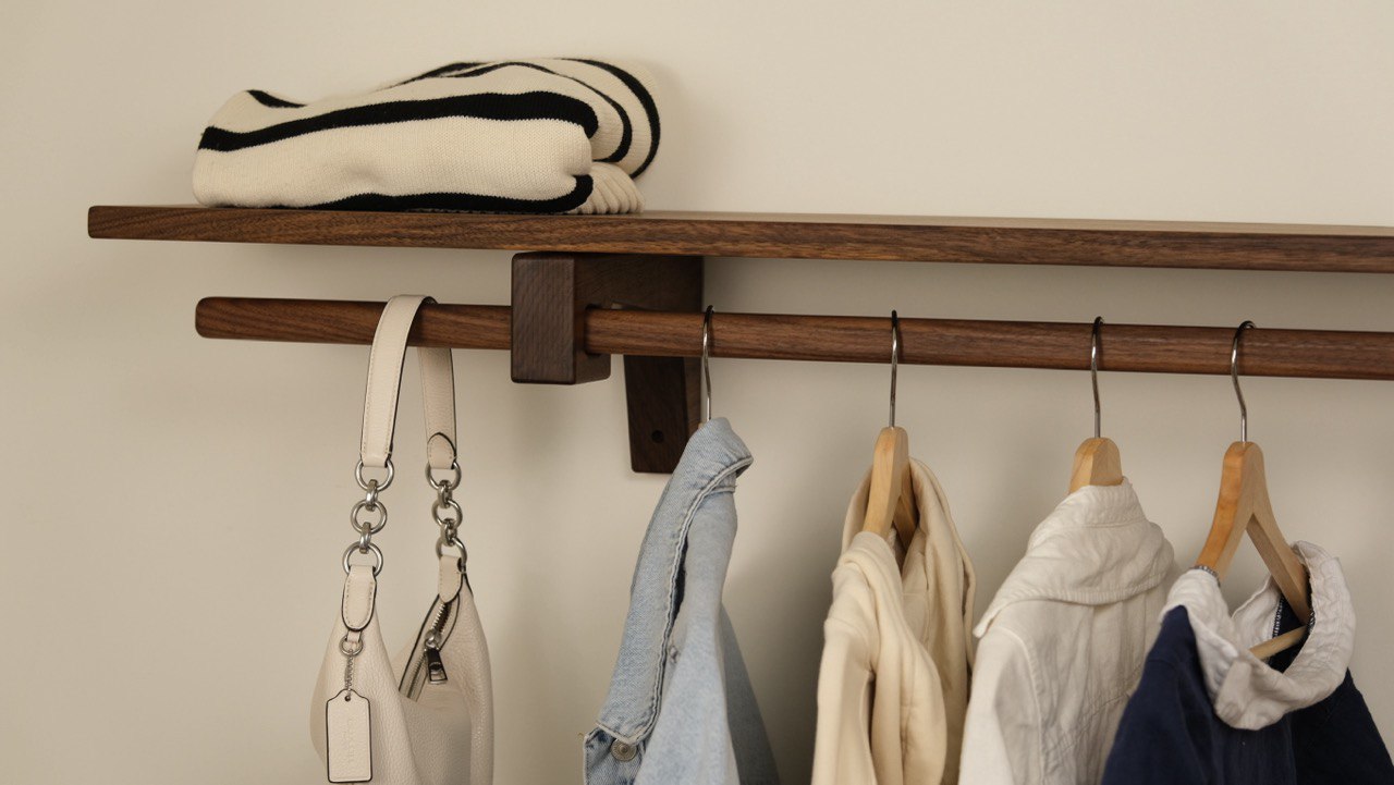 Dark walnut closet shelving unit – perfect for folded clothes, shoes, and accessories