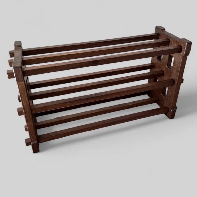 Walnut wood shoe rack with rich dark finish – handcrafted two-tier organizer for stylish and functional shoe storage