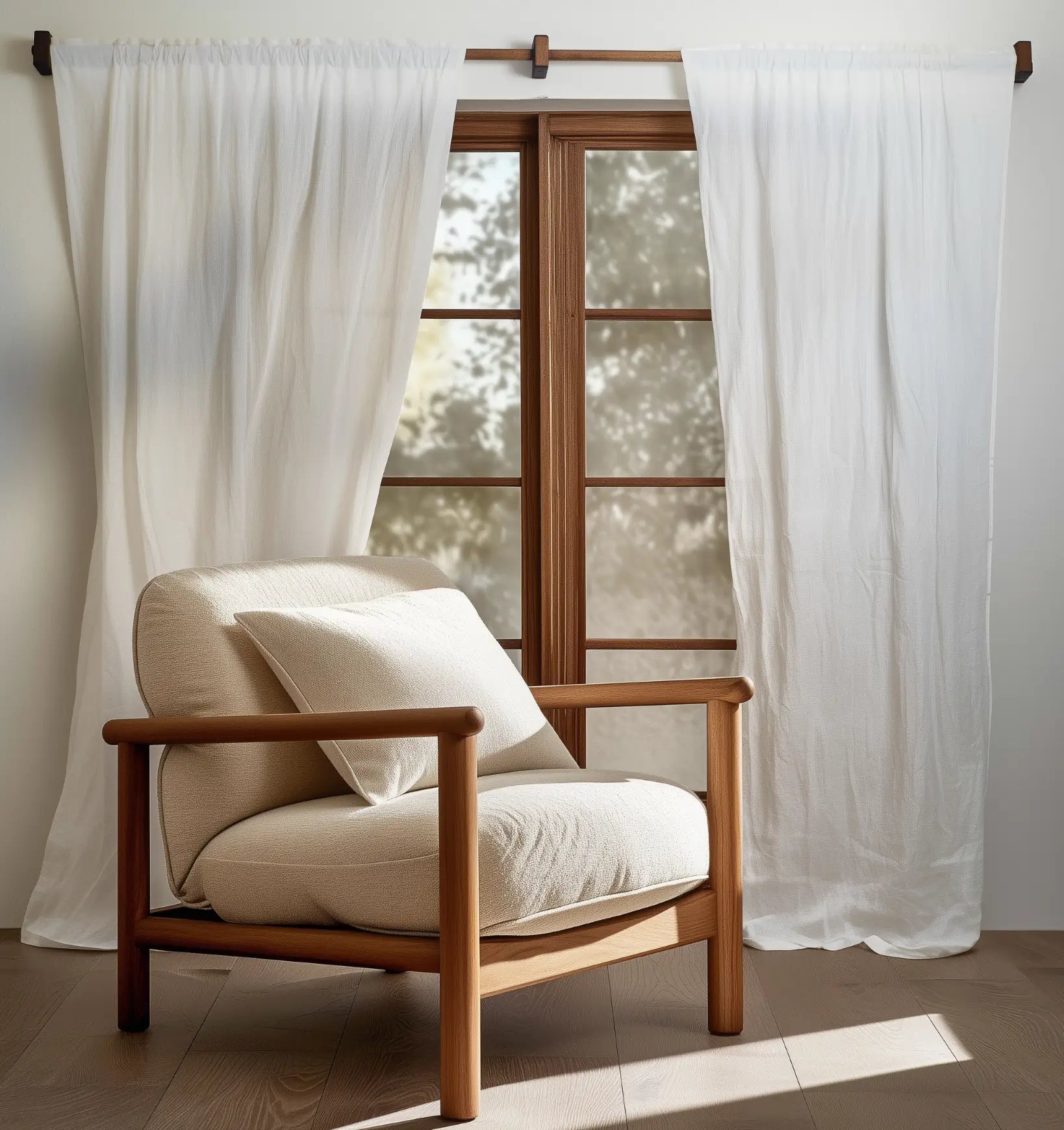 Wooden armchair with white cushions in a room with white curtains and a window.