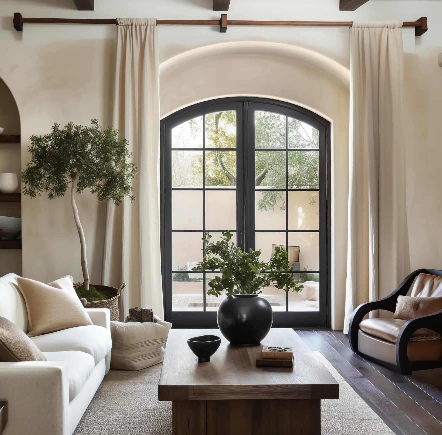 Modern living room with white sofa, wooden coffee table, and large arched window.