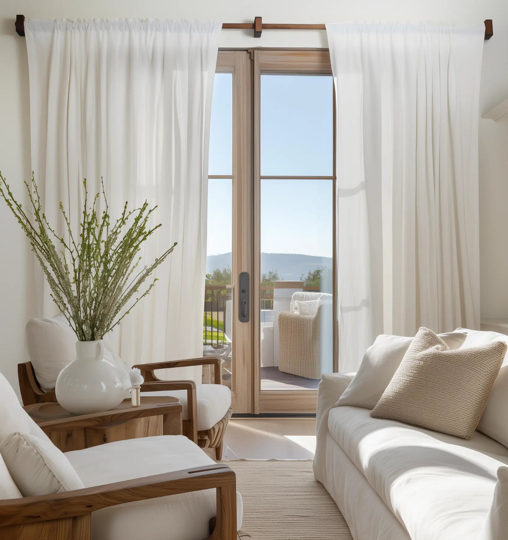 Modern living room with white furniture, wooden accents, and a view of the ocean.
