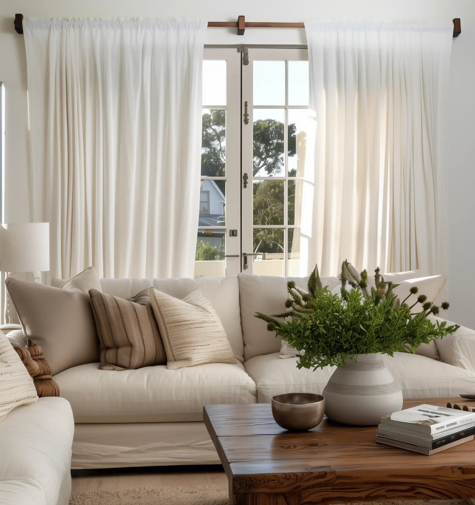 Living room with a beige sofa, wooden coffee table, and large windows with white curtains.