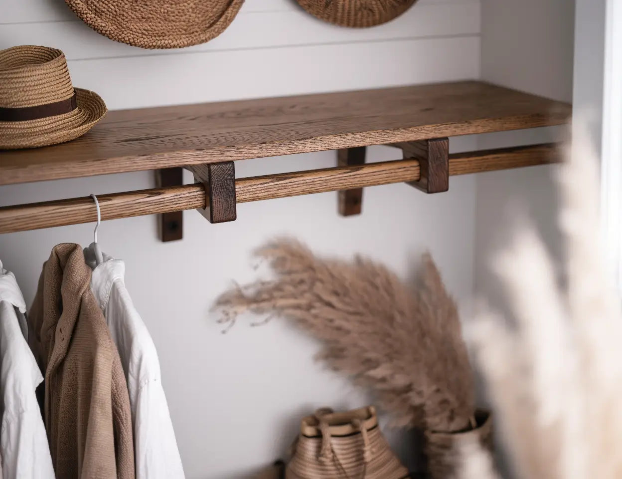 Classic dark oak wood closet shelving

