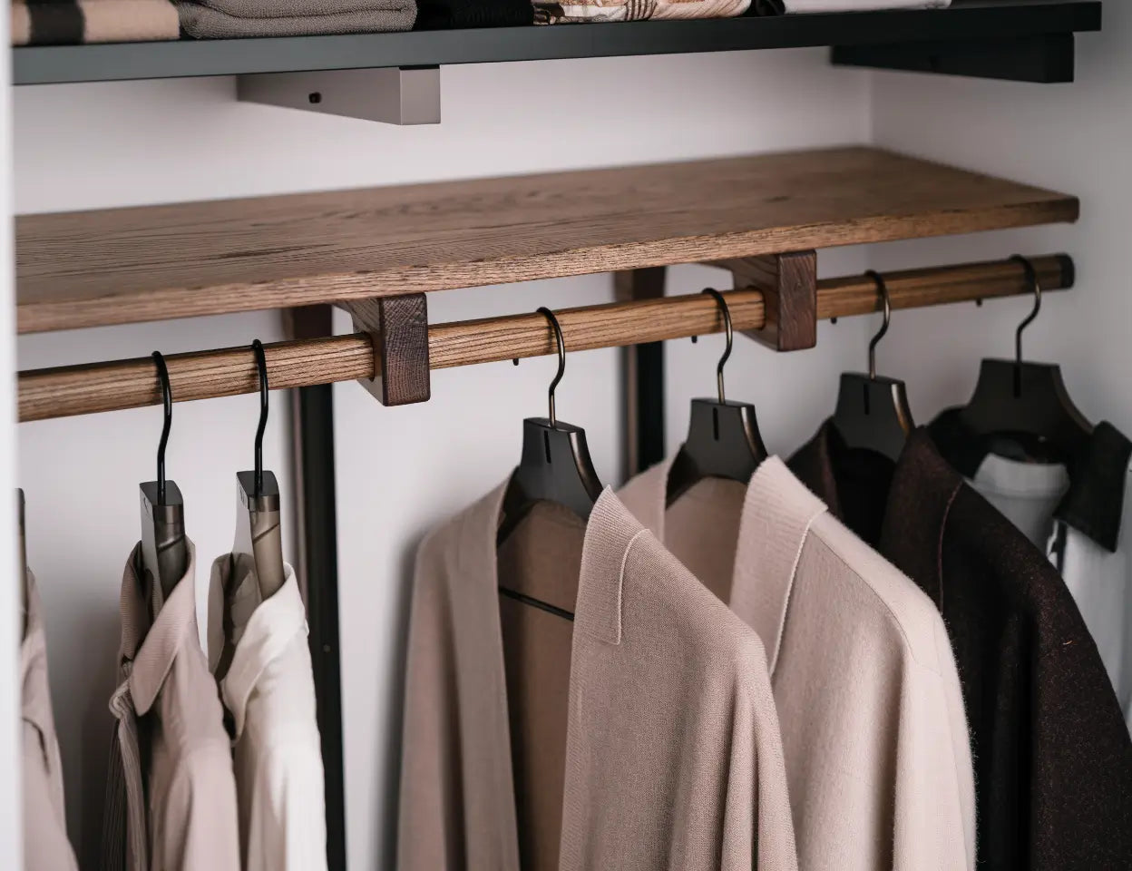 Dark oak closet shelf with vertical support posts