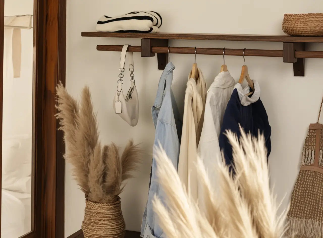 Clothing rack with hanging shirts in a room with decorative elements like pampas grass and a basket.
