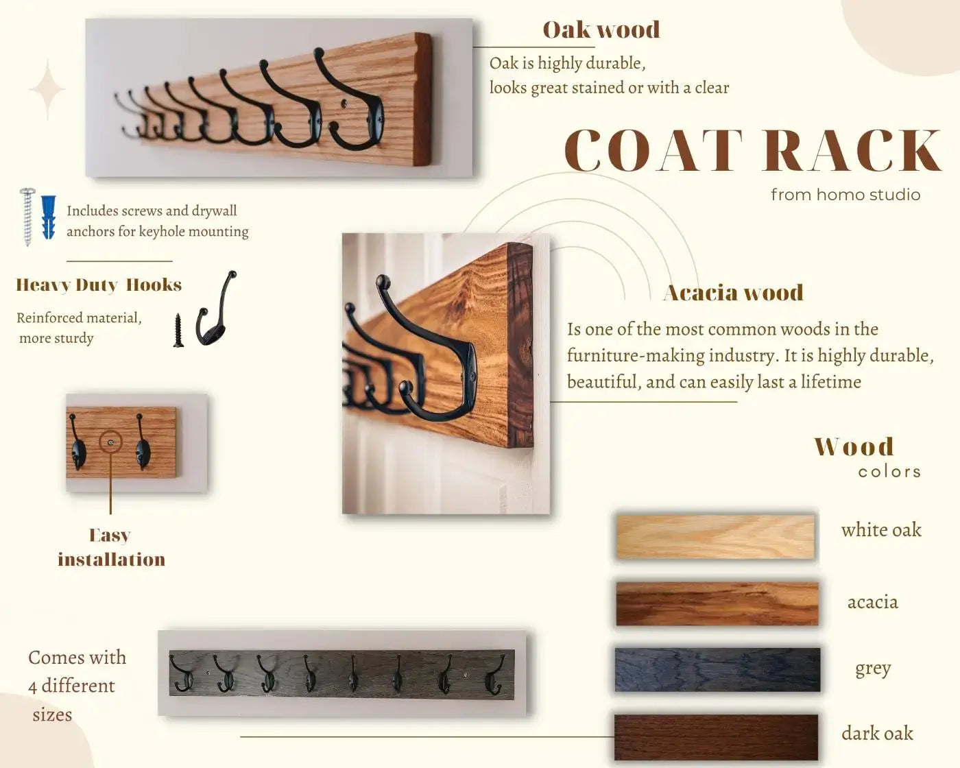 Wall-Mounted Coat Rack – Acacia & Oak Wood Hook Rail (1–10 Hooks)