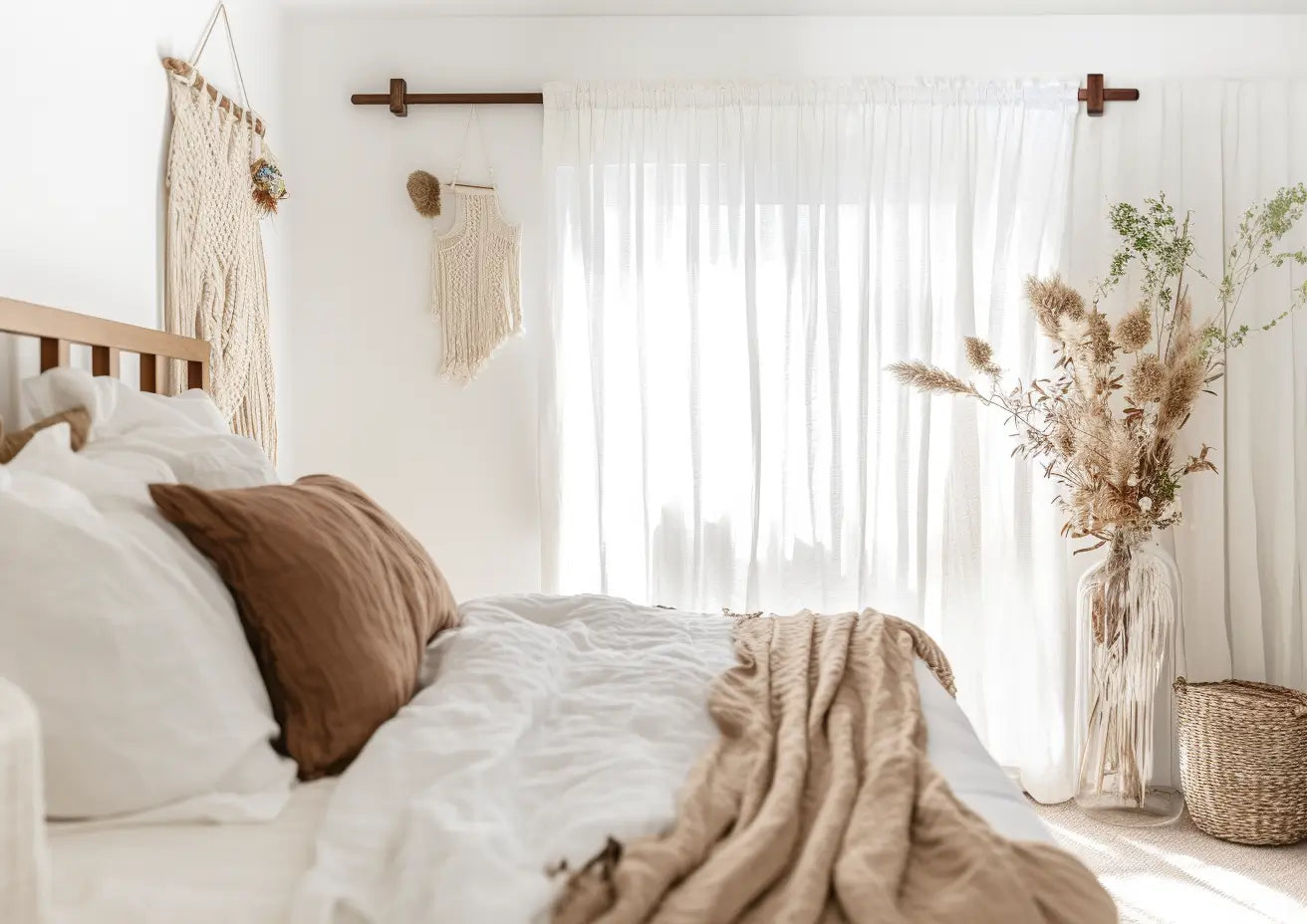 Light oak curtain rod with linen drapes in minimalist room

