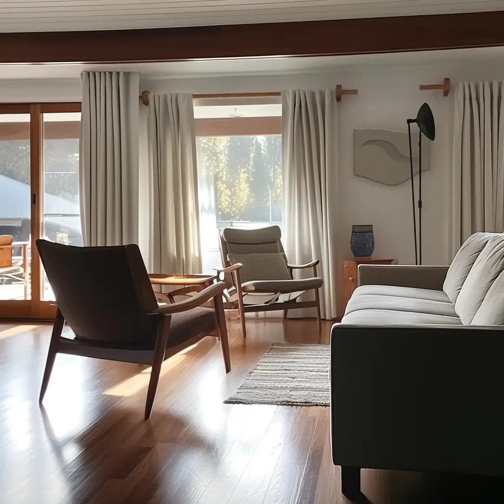 Wooden curtain rod installed above wide window in neutral interior