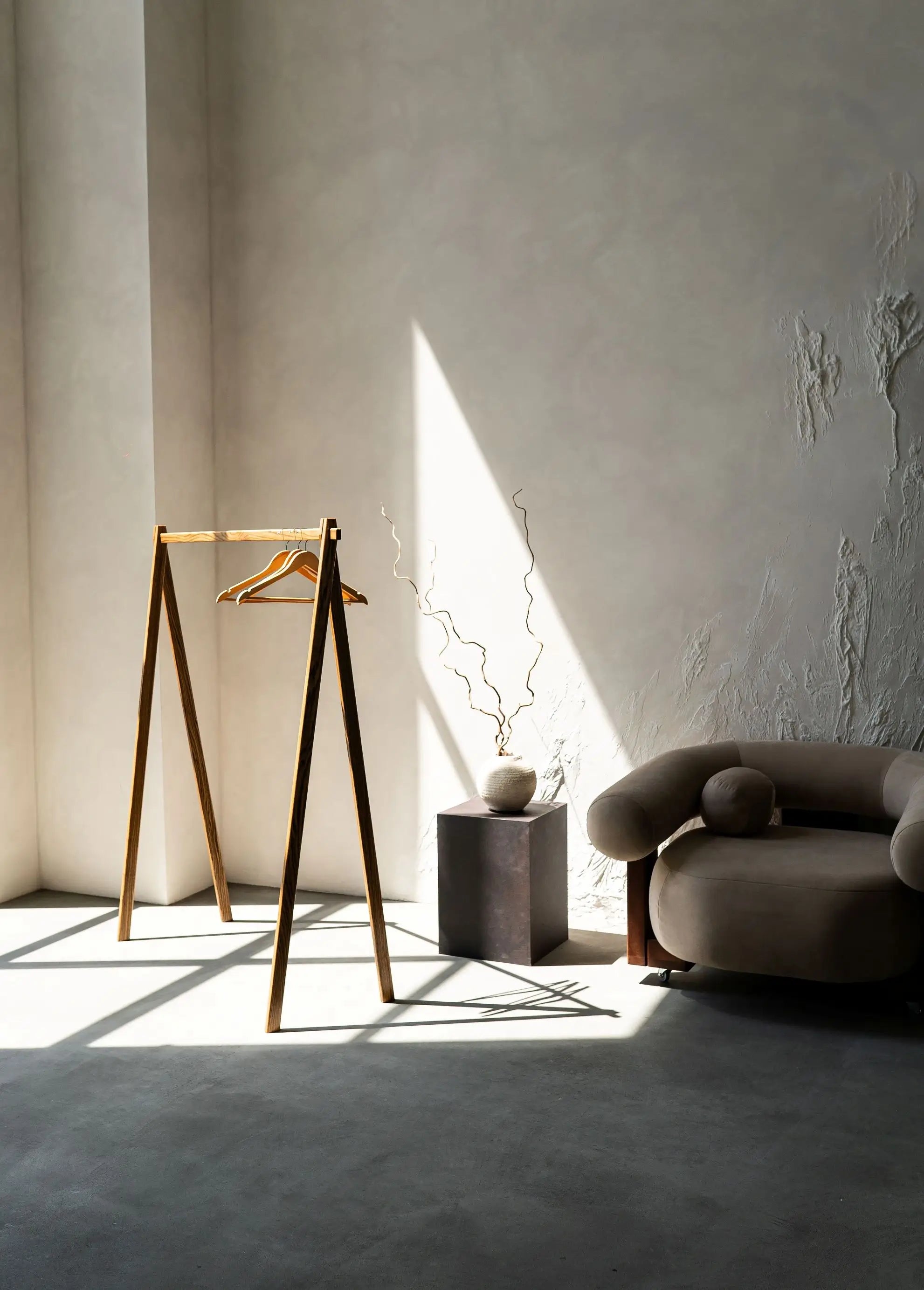 Modern interior with a wooden coat rack, round brown sofa, and textured white wall.