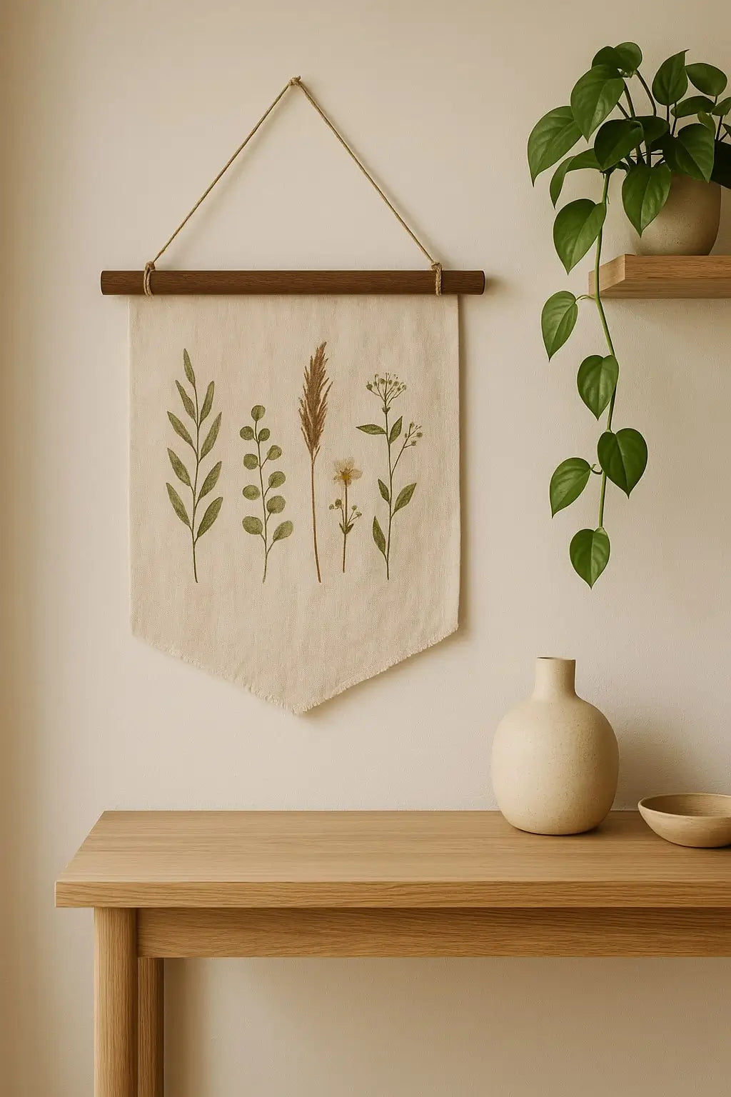 Raw oak rod styled as boho tapestry hanger