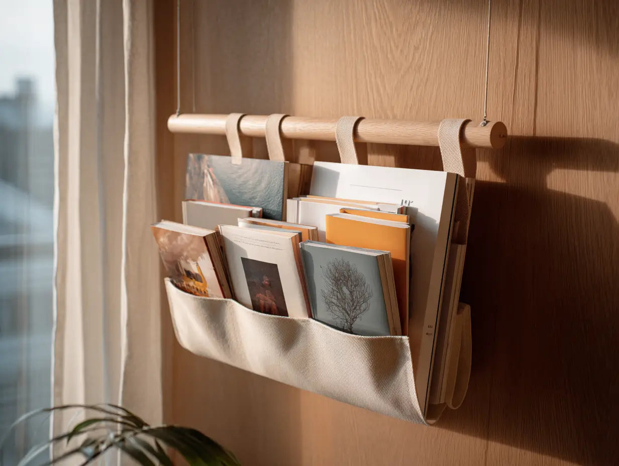 Warm-tone wood rod styled as a wall-mounted rail
