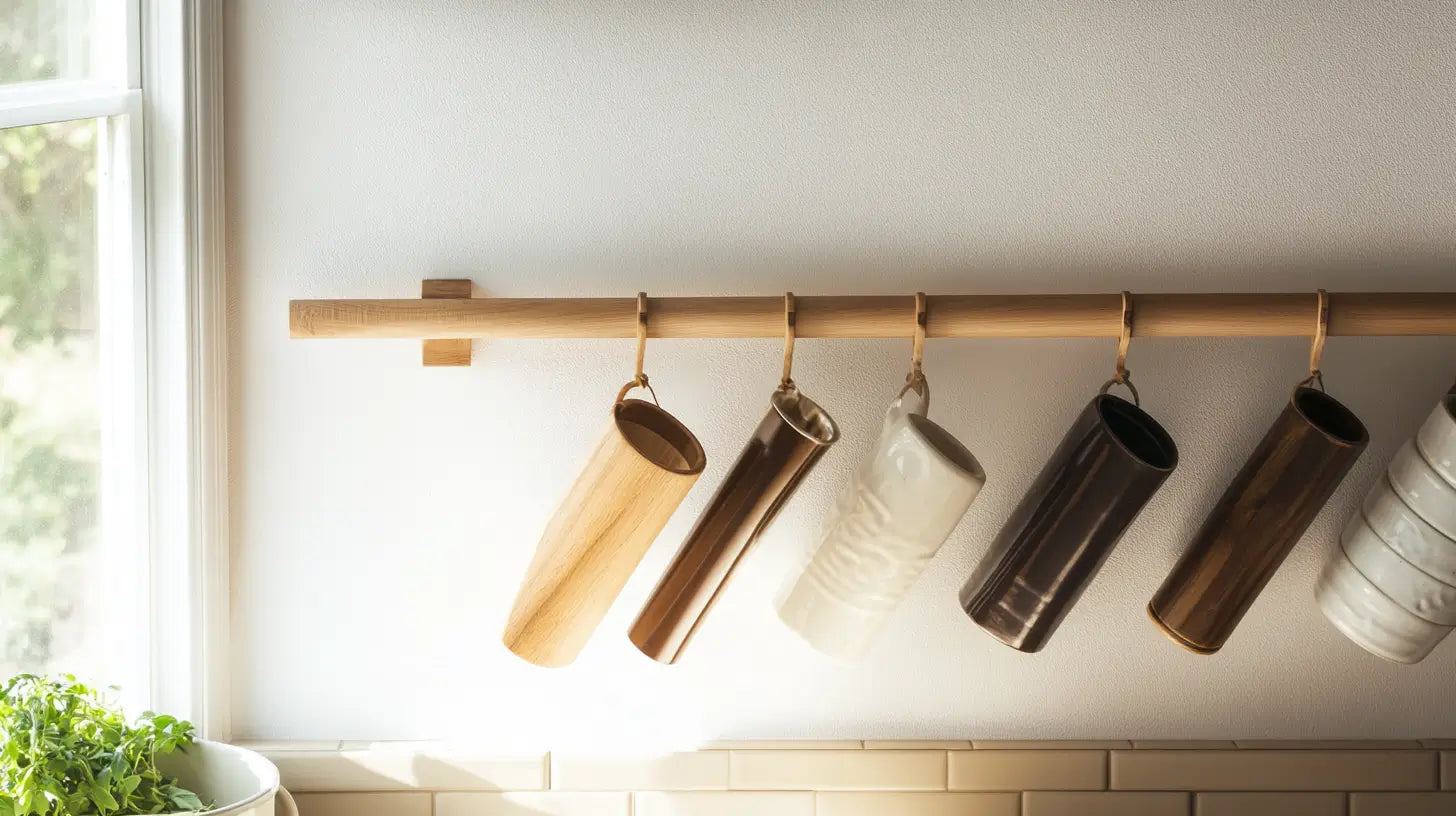 Stylish wooden rod above shoe storage bench
