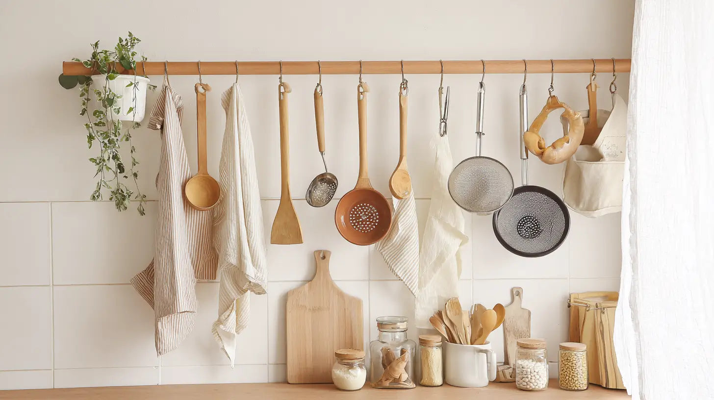 Light natural oak rod with woven decor hanging